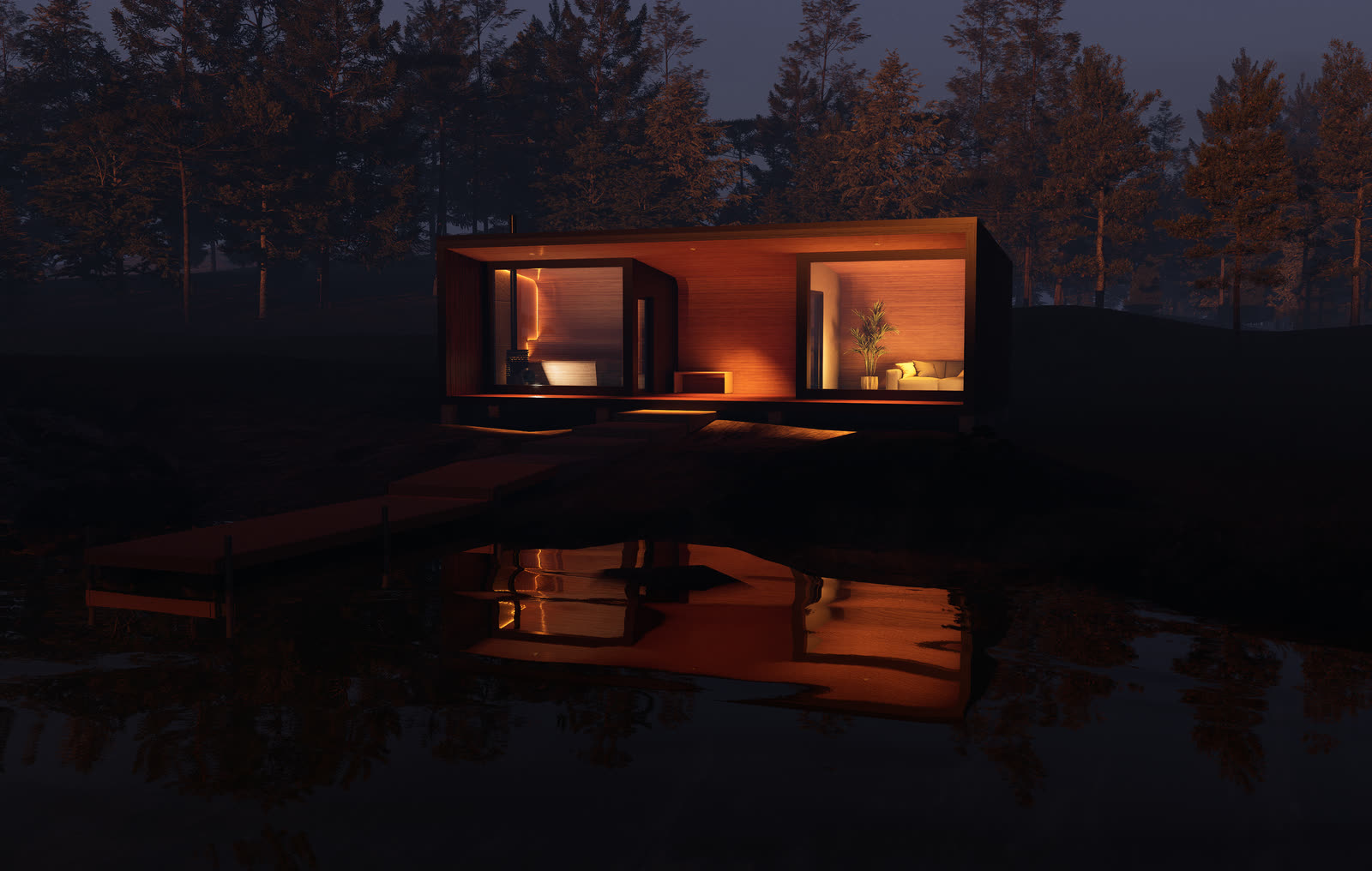 Tähti-sauna järven rannalla iltahämärässä, kaksi valaistua tilaa ja katos niiden välissä.